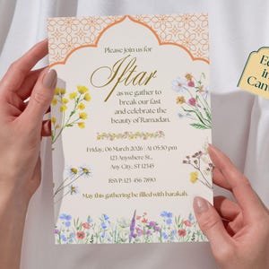 Floral Iftar party invitation editable template with Islamic arch design, Ramadan Kareem digital download, printable invite and evite.