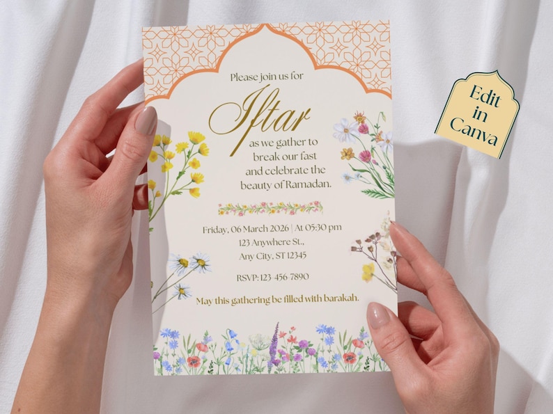Floral Iftar party invitation editable template with Islamic arch design, Ramadan Kareem digital download, printable invite and evite.