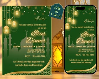 May include: Green Iftar Dinner invitation with gold accents, featuring mosque silhouettes, hanging lanterns, and the text "You are warmly invited to join us for an Iftar Dinner." Includes date, time, and RSVP information.