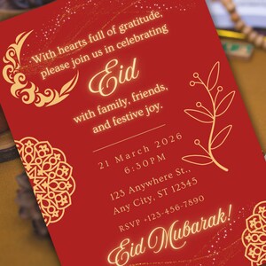 Luxury Eid Mubarak invitation featuring red background and gold Islamic patterns, editable Eid party invite and evite for Eid. Editable Eid party invitation template, editable in Canva, digital download.