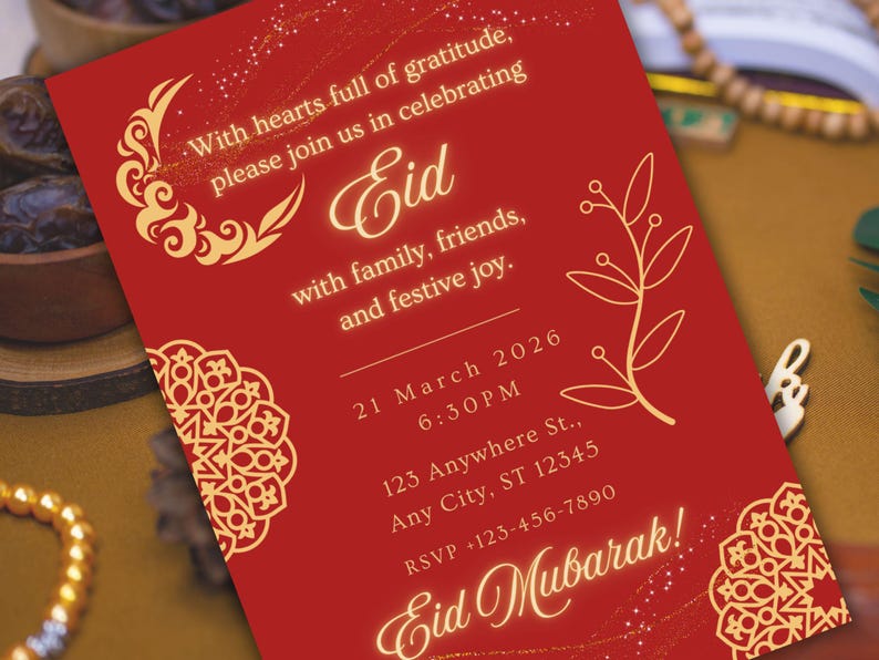 Luxury Eid Mubarak invitation featuring red background and gold Islamic patterns, editable Eid party invite and evite for Eid. Editable Eid party invitation template, editable in Canva, digital download.