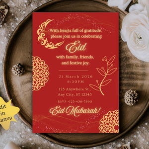 Luxury Eid Mubarak invitation featuring red background and gold Islamic patterns, editable Eid party invite and evite for Eid. Editable Eid party invitation template, editable in Canva, digital download.