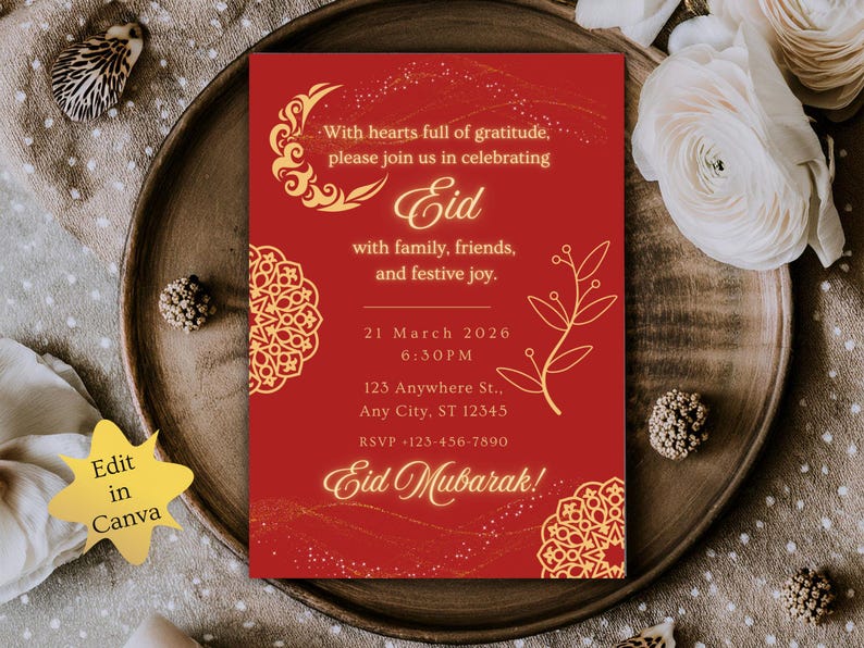 Luxury Eid Mubarak invitation featuring red background and gold Islamic patterns, editable Eid party invite and evite for Eid. Editable Eid party invitation template, editable in Canva, digital download.