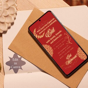 Luxury Eid Mubarak invitation featuring red background and gold Islamic patterns, editable Eid party invite and evite for Eid. Editable Eid party invitation template, editable in Canva, digital download.