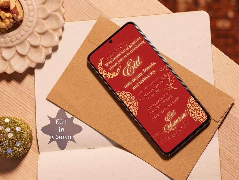 Luxury Eid Mubarak invitation featuring red background and gold Islamic patterns, editable Eid party invite and evite for Eid. Editable Eid party invitation template, editable in Canva, digital download.