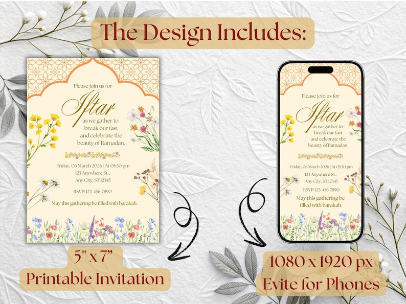 Floral Iftar party invitation editable template with Islamic arch design, Ramadan Kareem digital download, printable invite and evite.