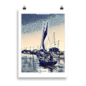 Póster de un barco en un canal - Impresión japonesa azul y blanca. Cartel, ilustración, arte mural.