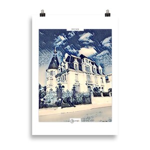 Póster de la Villa Bourgeoise frente al mar de Royan – Impresión japonesa azul y blanca – Arte mural vintage