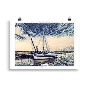 Póster de barco pesquero – Impresión japonesa azul y blanca – Ilustración, arte mural, decoración del hogar