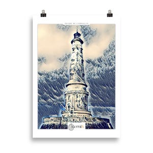 Póster del faro de Cordouan – Ilustración japonesa en azul y blanco – Decoración marina para pared – Arte mural hecho en Francia