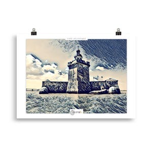 Póster de Fort Louvois, isla de Oléron: paisaje de la costa atlántica en azul y blanco, estilo japonés. Arte mural, ilustración.