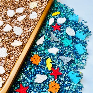 May include: A wooden tray divided into two sections, one filled with small brown beads and white seashell shapes, the other with blue beads and colorful sea creature shapes. The sea creatures include starfish, whales, and coral.