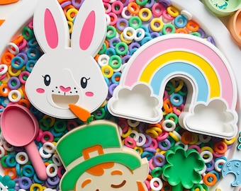 Spring sensory play bin, trays, bunny, st. Patrick’s, alphabet and numbers