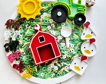 Farm sensory play, barn and tractor trays, eco filler, farm animals