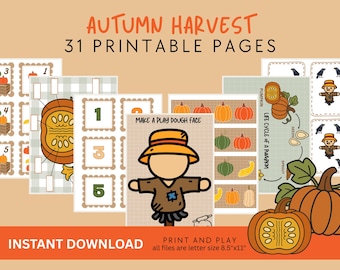 Puede incluir: Un conjunto de páginas imprimibles con temática otoñal con el texto "Autumn Harvest" y "31 Printable Pages". Las páginas presentan calabazas, espantapájaros y actividades educativas. La imagen incluye el texto "Descarga instantánea".