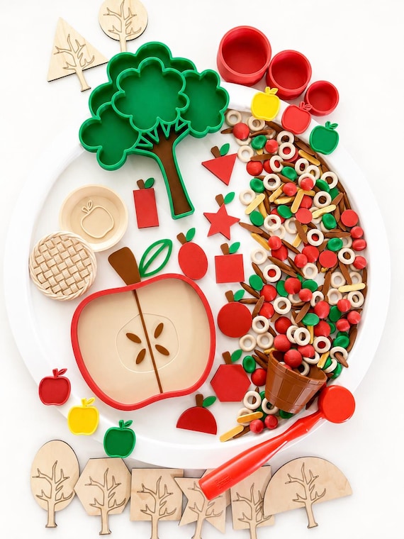 Apple Orchard Sensory Play Set: Eco Apple Tray, Sorting Tree, counters and pie