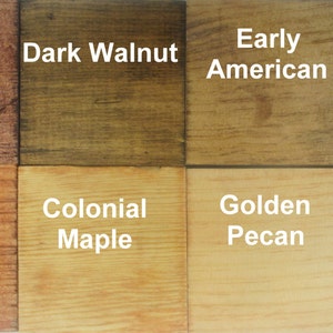 May include: Wood stain color chart with 10 different wood stain colors. The colors are: Red Oak, Dark Walnut, Early American, Ebony, Gunstock, Colonial Maple, Golden Pecan, Weathered Grey.