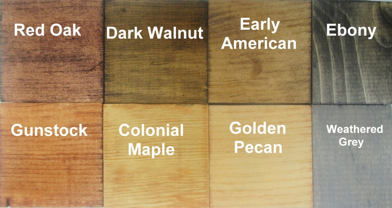 May include: Wood stain color chart with 10 different wood stain colors. The colors are: Red Oak, Dark Walnut, Early American, Ebony, Gunstock, Colonial Maple, Golden Pecan, Weathered Grey.