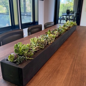 May include: A long, rectangular, dark-stained wooden planter box filled with various green succulents. The planter sits on a brown wooden table. The background includes windows, chairs, and a glimpse of an outdoor patio.