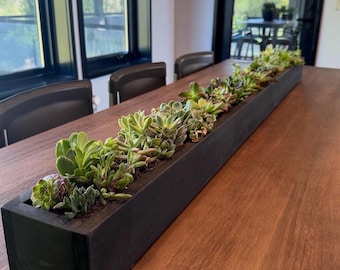 Long Wood Succulent Planter Box, Black, 60x5x4 Inches, Handcrafted Rectangular Trough for Succulents- Centerpieces