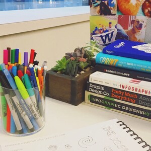 May include: A close-up of a desk with a variety of colorful pens and markers in a clear glass container. There are several books stacked on the desk, including "The Infographic" and "Draplin Design Co.". There is also a small wooden planter with succulents.