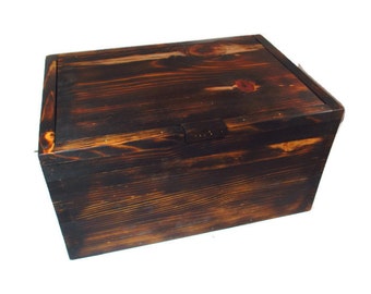 Rustic Pine Wood Chest: Torched Lodge Decor Keepsake Box