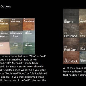 Puede incluir: Gr&aacute;fico que muestra las opciones de color de tinte para madera de madera recuperada. El gr&aacute;fico muestra tanto colores "nuevos" como "viejos". Los colores "nuevos" se ti&ntilde;en sobre madera recuperada nueva o no envejecida. Los colores "viejos" est&aacute;n hechos de madera recuperada envejecida. Todos los colores est&aacute;n hechos de madera recuperada envejecida que ha sido te&ntilde;ida.