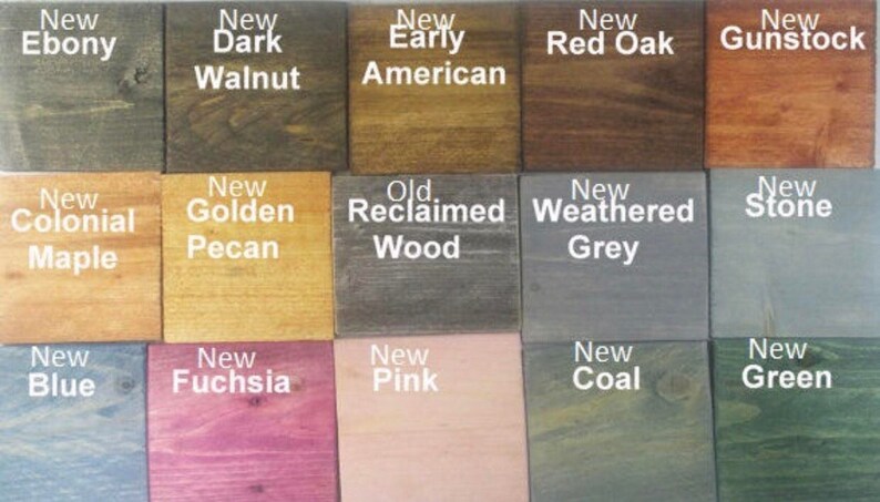 May include: A color chart showing 15 different wood stain colors. The colors are arranged in three rows of five. The colors are: New Ebony, New Dark Walnut, New Early American, New Red Oak, New Gunstock, New Colonial Maple, New Golden Pecan, Old Reclaimed Wood, New Weathered Grey, New Stone, New Blue, New Fuchsia, New Pink, New Coal, New Green.