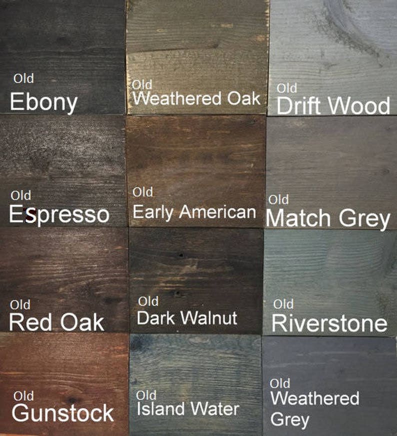 Puede incluir: Una carta de colores de tinte para madera con 12 colores de tinte para madera diferentes. Los colores est&aacute;n etiquetados con los nombres: Viejo &Eacute;bano, Viejo Roble Desgastado, Viejo Madera A La Deriva, Viejo Espresso, Viejo Americano Temprano, Viejo Gris A Juego, Viejo Roble Rojo, Viejo Nogal Oscuro, Viejo Piedra De R&iacute;o, Viejo Culata, Viejo Agua De Isla y Viejo Gris Desgastado.