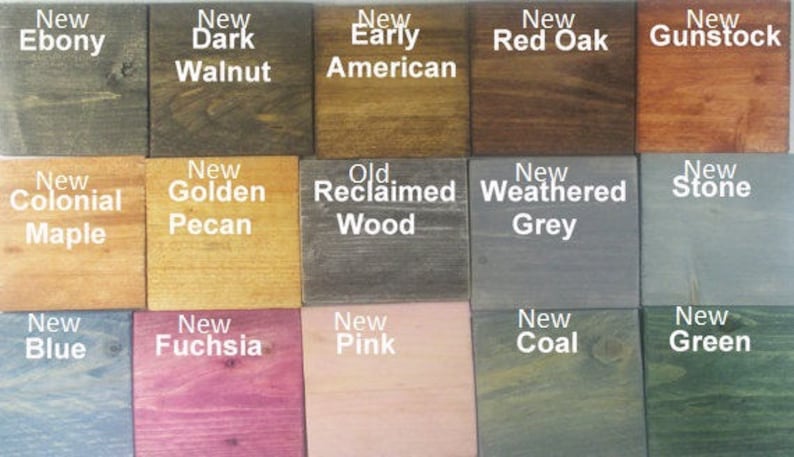 Puede incluir: Una carta de colores de 15 colores diferentes de tinte para madera. Los colores est&aacute;n dispuestos en tres filas de cinco. Los colores son: Nuevo &Eacute;bano, Nuevo Nogal Oscuro, Nuevo Americano Temprano, Nuevo Roble Rojo, Nuevo Culata, Nuevo Arce Colonial, Nuevo Pec&aacute;n Dorado, Madera Reciclada Vieja, Nuevo Gris Desgastado, Nuevo Piedra, Nuevo Azul, Nuevo Fucsia, Nuevo Rosa, Nuevo Carb&oacute;n, y Nuevo Verde.