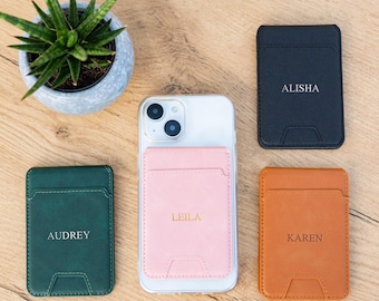 Custom engraving personalized initials faux leather Magsafe wallet stand iPhone 12 14 13 pocket magnetic cardholder iPhone 16 15 pro max