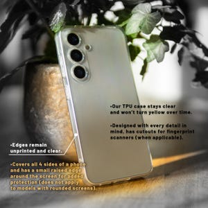 May include: A clear phone case with a raised edge around the screen. The case is designed to protect the phone from scratches and bumps. The text on the case says "Our TPU case stays clear and won't turn yellow over time." and "Designed with every detail in mind, has cutouts for fingerprint scanners (when applicable)."