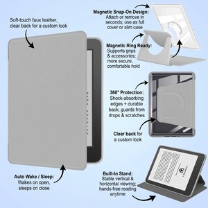 a tablet case with various features, including a soft-touch faux leather back, a magnetic snap-on design, a 360-degree protection, and a built-in stand. The case also has a built-in stand that allows for a stable vertical viewing and hands-free reading.
