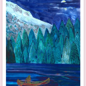 Illustration, Canoé  baie la nuit ou descente de la rivière sous la lune. ambiance nature sauvage