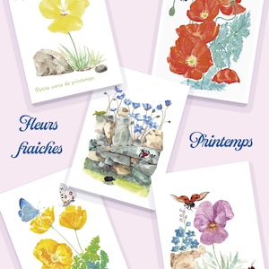 Cartes fleurs de printemps, aquarelles imprimées poétiques et fraiches