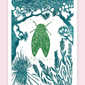 Postcards, cicada, linocut reproduction