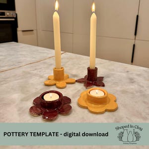 May include: A set of four ceramic candle holders shaped like flowers. Two of the holders are yellow and two are burgundy. Each holder has a small, round indentation in the centre for a tea light candle. The holders are arranged on a white countertop. The text "POTTERY TEMPLATE - digital download" is visible at the bottom of the image.