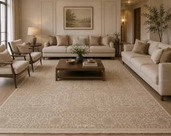 Hand Knotted Wool Rug | Ivory Beige Persian Carpet, Made in India