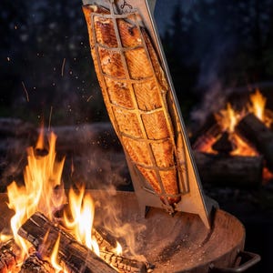 May include: A stainless steel grilling rack holds a large piece of cooked salmon over a wood fire. The salmon is golden brown, and the flames are bright orange. The rack is positioned in a metal fire pit, with a dark forest background.