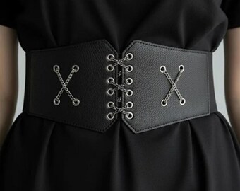 Black Faux Leather Corset Belt – Chain Lace-up Waist Cinch  display picture 1
