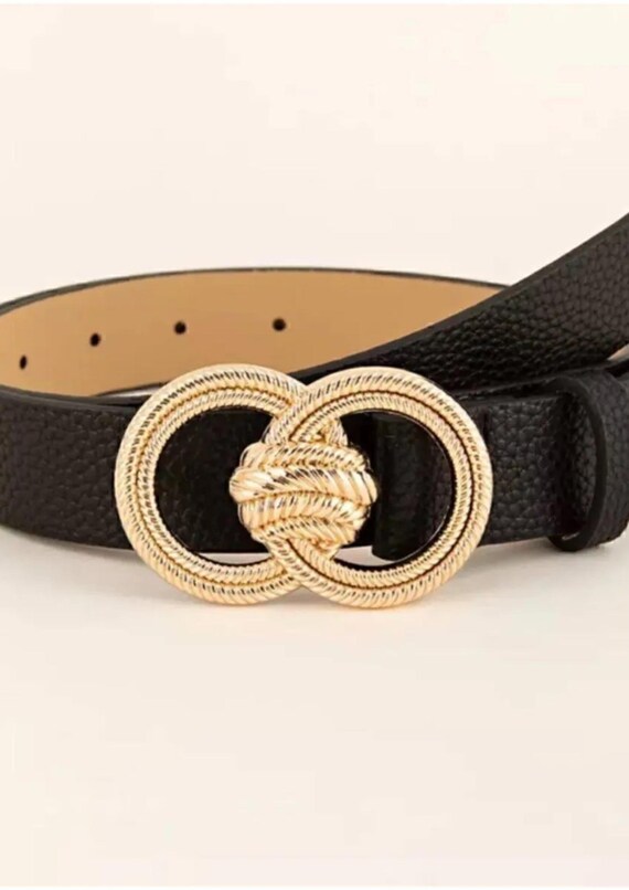 Black Vegan Leather Belt: Gold Double-buckle Fashion  display picture 3