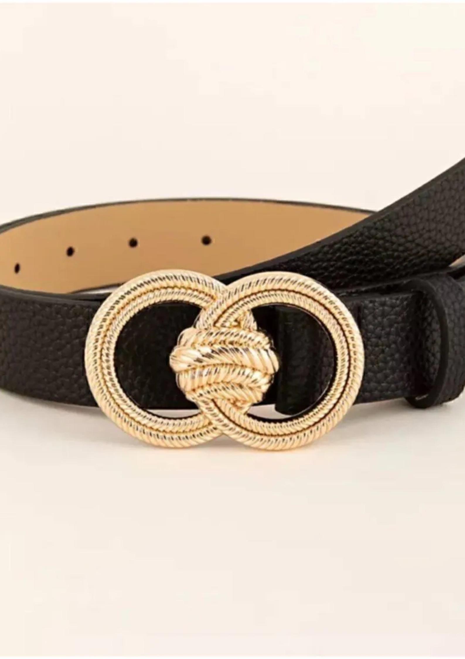 Black Vegan Leather Belt: Gold Double-buckle Fashion 