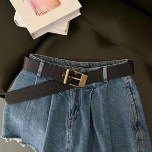 Vintage-Look Black Belt with Distressed Gold Buckle
