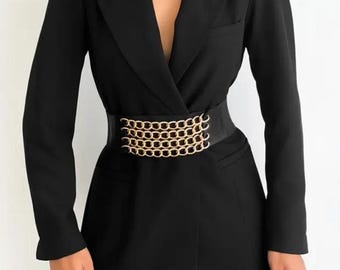Four Layer Gold Chain Belt for Women, Elastic Waist Belt, Statement Chain Belt, Gold Waist Cincher, Corset Belt