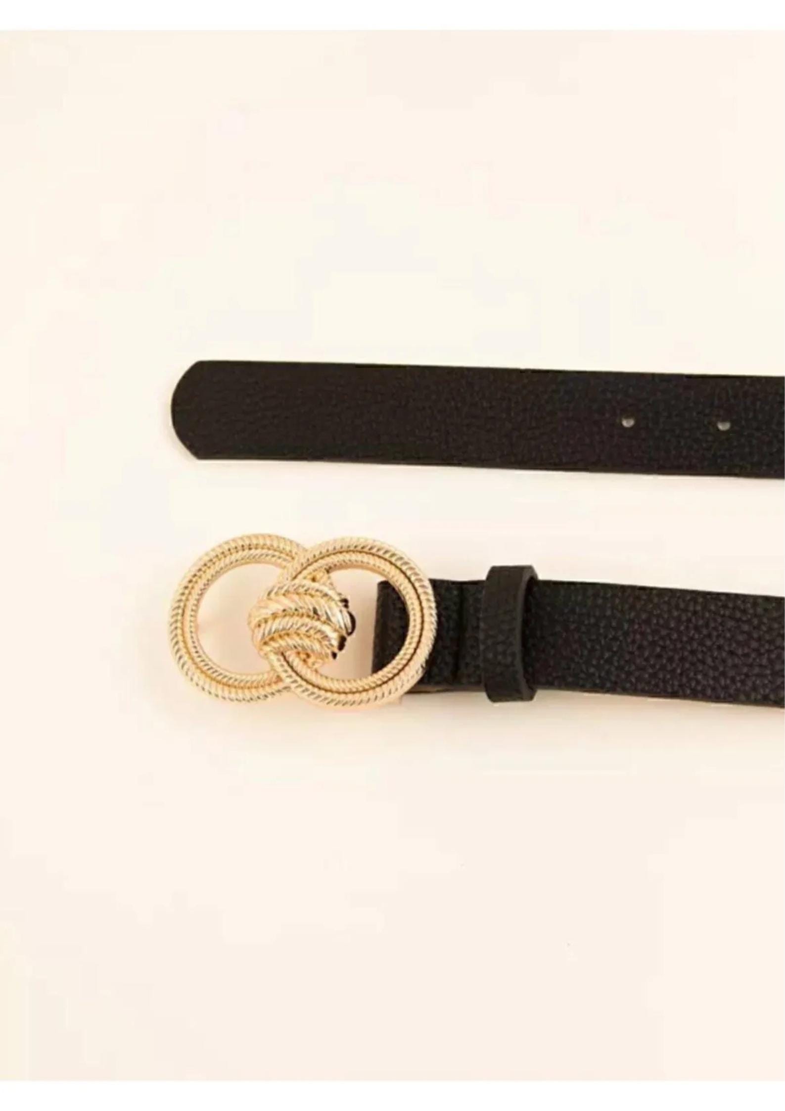 Black Vegan Leather Belt: Gold Double-buckle Fashion  display picture 2