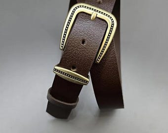 Dark Brown Leather Belt: Classic Pewter Buckle, Unisex Design