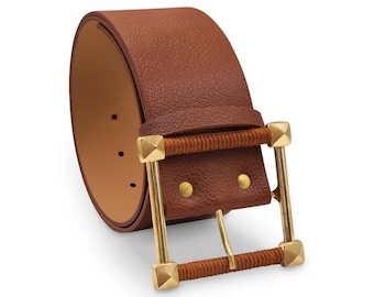 Wide Tan Vegan Leather Belt: Gold Buckle Statement Belt - Etsy display picture 3