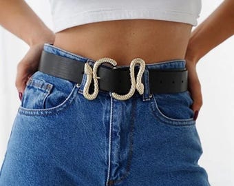Gold Snake Buckle Belt: Faux Leather Double Buckle, Adjustable Waist