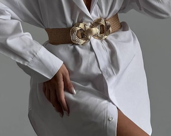 Elastic Straw Waist Belt: Beige Wicker with Gold Buckle