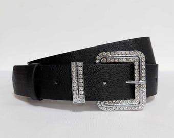 Ceinture Noire Cuir Verni Avec Strass Et Clous - Boucle Argentée - Taille M - Neuf Sans étiquette